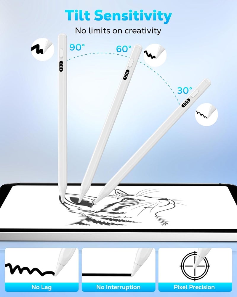 MoKo Stylus Pen for iPad 2018-2025, USB-C Fast Charging Pencil with LED Power Display Tilt Sensitivity for Apple iPad A16/11/10/9/8/7/6, Air 7/6/5/4/3/M3/M2, Pro 13"/12.9"/11"/M4, Mini 7/6/5, White - Image 3